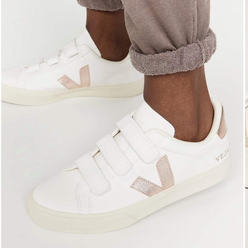 Veja White Sneakers with Blush Metallic V Logo